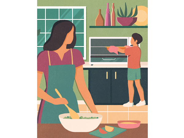 illustration of woman and boy preparing meal