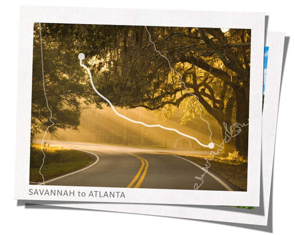 Country road with map overlay showing route from Savannah to Atlanta 