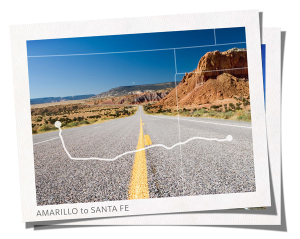 Desert road with map overlay showing route from Amarillo to Santa Fe