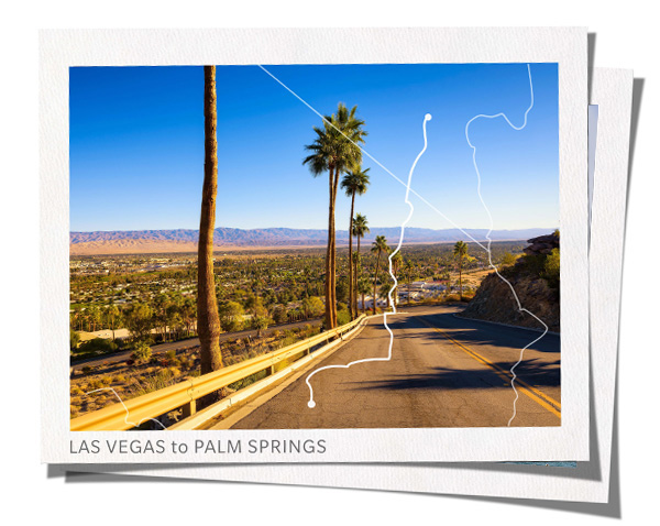 Road lined with palm trees with map overlay showing route from Las Vegas to Palm Springs 