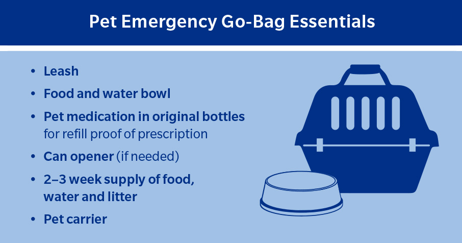 Pet emergency essentials: leash, food, water, can opener, medications, and carrier. : Please see transcript below