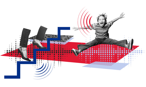 graphic of child yelling, person in heels walking upstairs