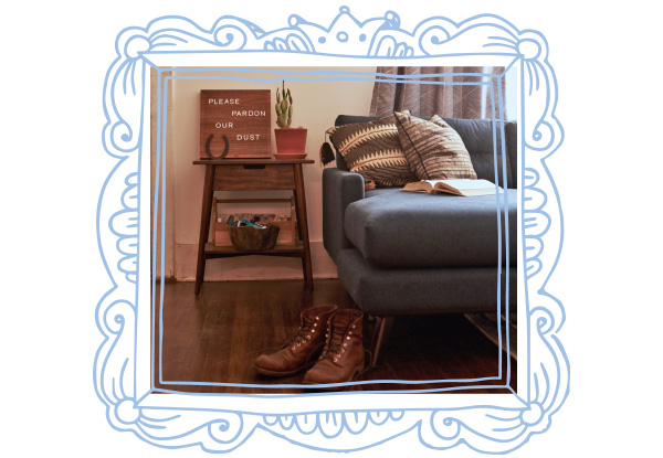 interior home with sign that reads pardon our dust