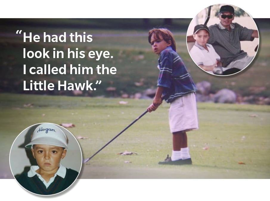 Pro golfer Rickie Fowler on golf course as a child with text caption: He had this look in his eye. I called him the Little Hawk.