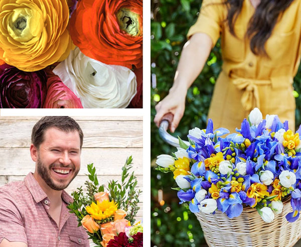 composite man smiling with flowers, flowers, basket of flowers on bike