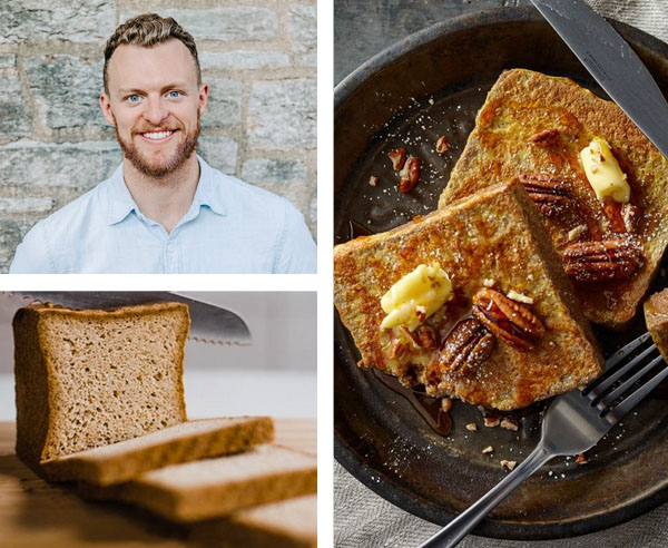 composite man smiling, bread slices, toasted keto bread
