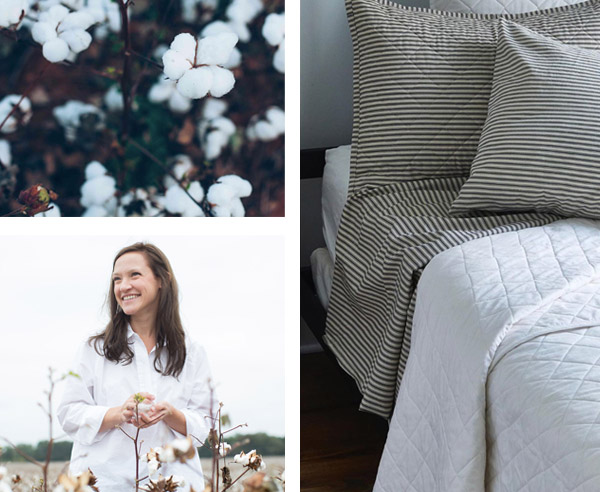 composite image of cotton flowers, woman holding cotton, bed sheets