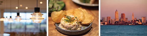 composite image restaurant lights, dish and cityscape