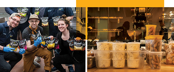 composite image restaurant workers and packaged products