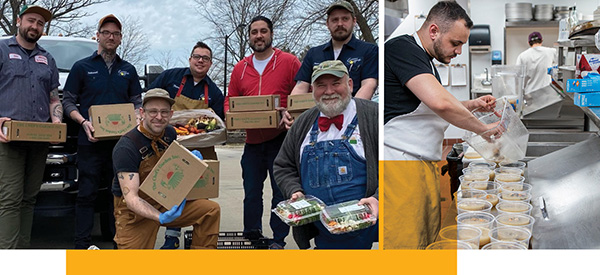 composite image restaurant workers and packaged products