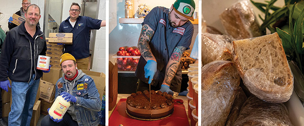 composite image restaurant workers, man cutting cake and packaged products