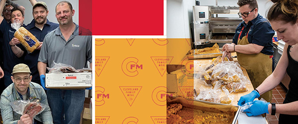 composite image restaurant workers holding and packaging products