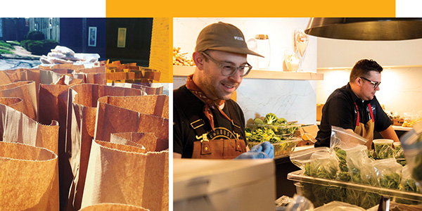 composite image of brown paper bags and workers packaging products