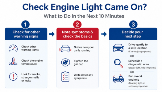 What to do in the first 10 minutes      Graphic Copy:   Check the light   [icon] Flashing: Pull over, call for help   [icon] Steady: Go to step 2       Look for urgent warning signs  [icon] Other warning lights, rising temperature gauge   [icon] Shaking, bucking, loss of power   [Icon] Strange smells or sounds, smoke or leaks      Choose your next step  [icon] No other symptoms: Schedule a diagnostic scan soon  [icon] Other symptoms: Pull over, call for help  [icon] Car feels unsafe: Pull over, call for help 