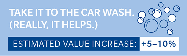 Soap bubbles at carwash with text caption: Estimated value increase 5 to 10 percent 