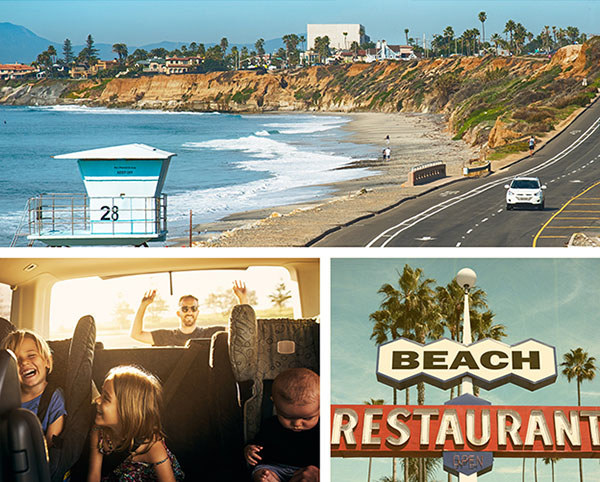 composite image of family van, beach restaurant and pch