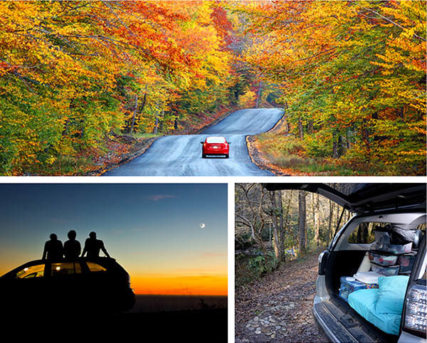 composite image of driving, sitting watching sunset, trunk full of supplies