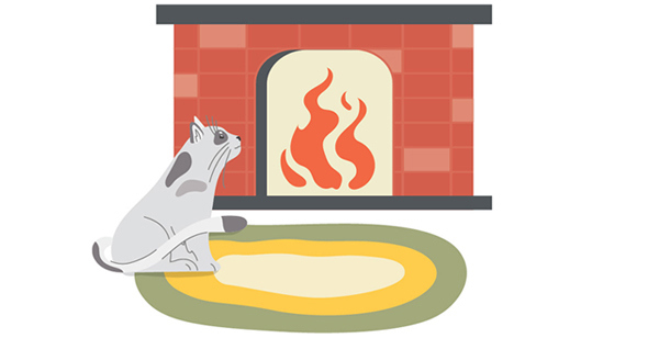 illustration of cat in front of the fireplace