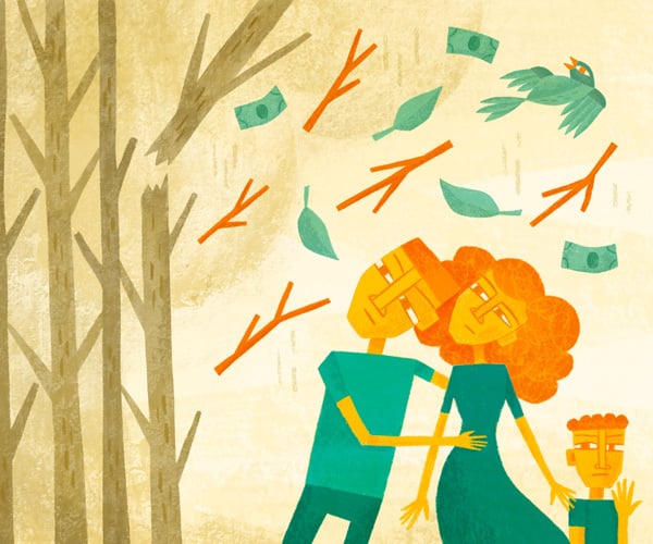 illustration of family falling leaves, money