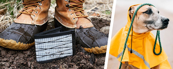 composite of muddy boots and dog with raincoat