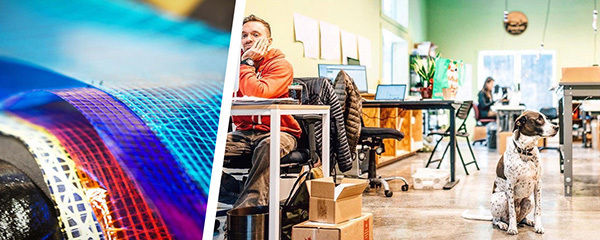 composite of textiles, workers and dog in factory